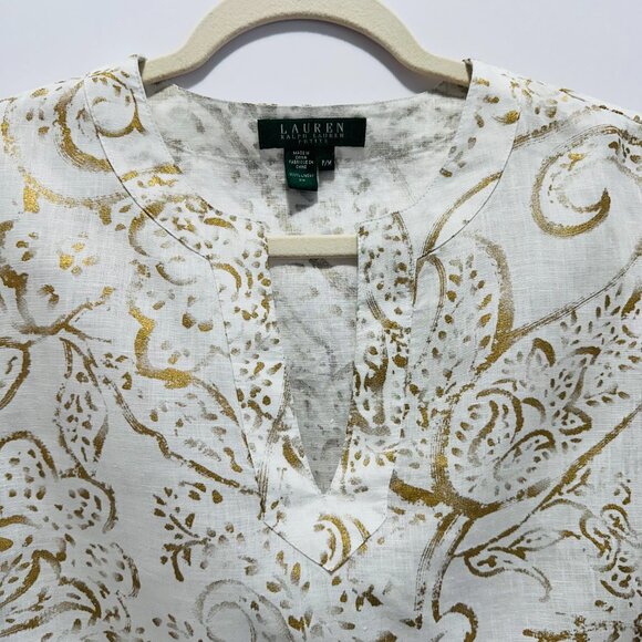 LAUREN RALPH LAUREN Women's Gold Printed 100% Linen Top; Size: PM Petite Medium - Picture 2 of 5